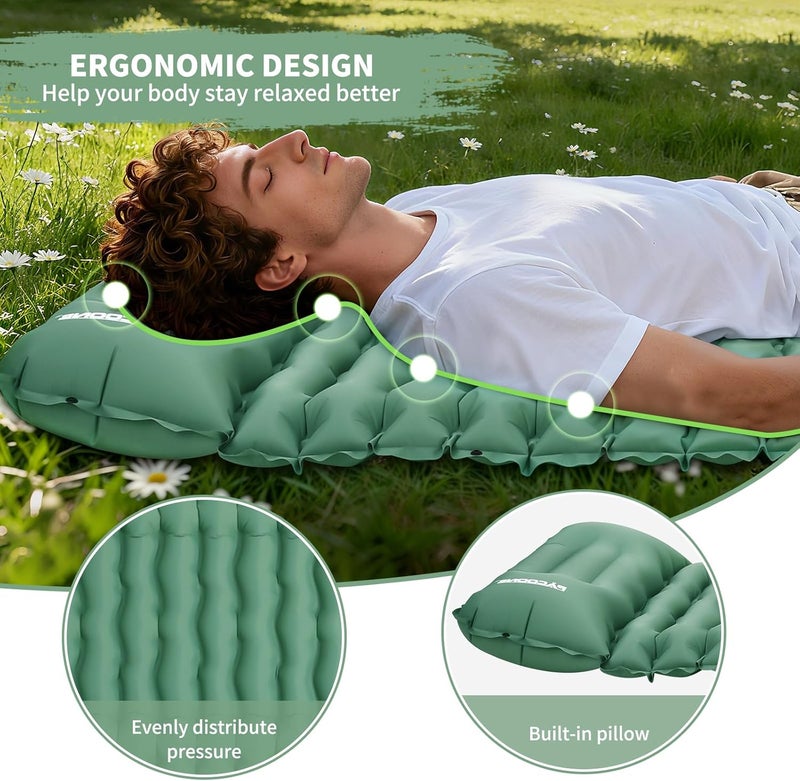 PACOONE Camping Sleeping Pad, Connectable Design for Double Mat, Ultralight Inflatable Sleeping Mat with Pillow, Built-in Foot Pump, Portable Camping Air Mattress for Backpacking Hiking Tent (Green) - Image 2